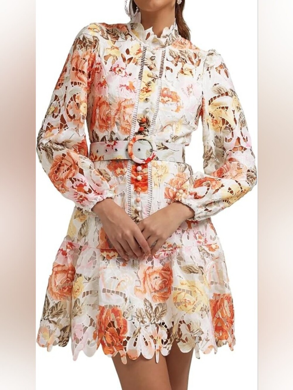 INA White Printed Cutout Mini Mock Neck Long Sleeve belted Dress Sz M